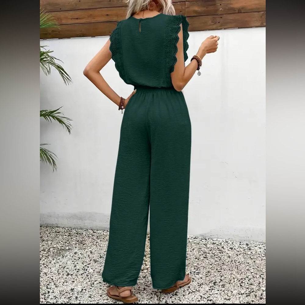 Elegant Dark Green 2 Piece Set Wide Leg High Waist Pants and Top Set New Size - Picture 3 of 5